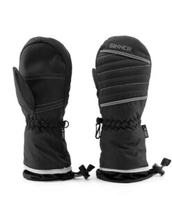 Paar zwarte Sinner kinderwanten met grijze stroken en logo, met elastische polsbandjes en koordjes, geïsoleerd en geschikt voor wintersportuitrusting.