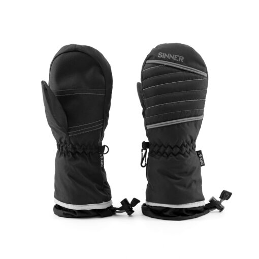 Paar zwarte Sinner kinderwanten met grijze stroken en logo, met elastische polsbandjes en koordjes, geïsoleerd en geschikt voor wintersportuitrusting.